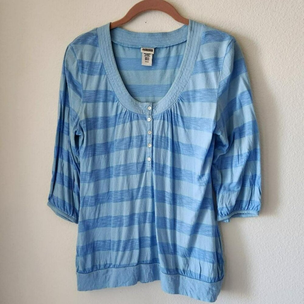Vintage Blue Striped Henley Top Lightweight 3/4 Sleeve Sz M Coastal Nautical Y2k